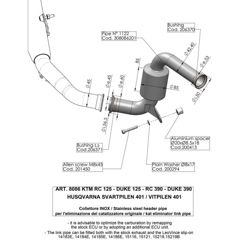 RACCORD D'ELIMINATION DE CATALYSEUR LEOVINCE POUR HUSQVARNA SVARTPILEN 401 18-19 -COD.8086