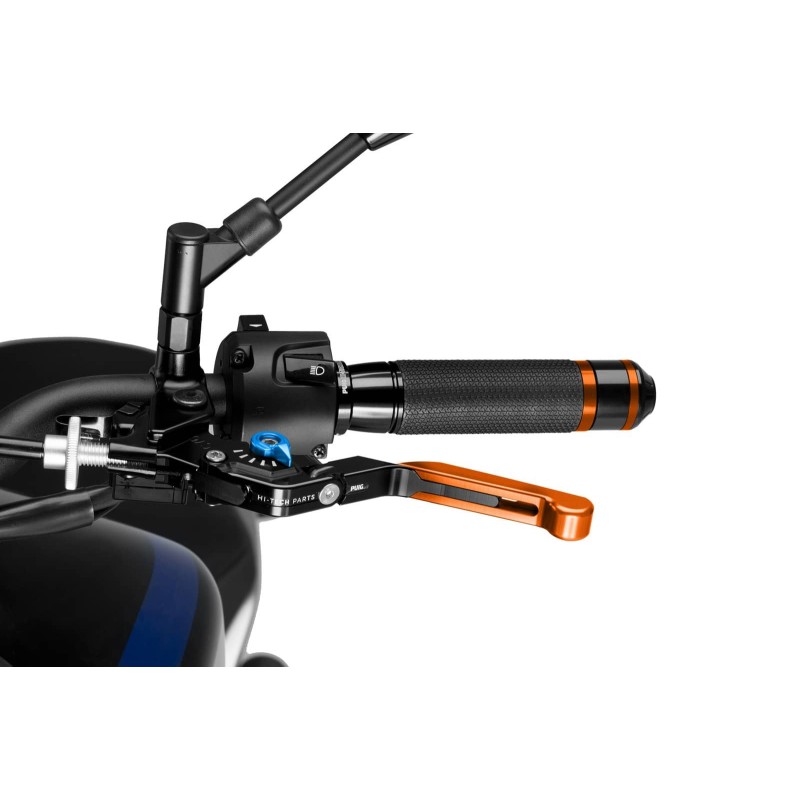 PUIG EXTENDABLE AND FOLDING CLUTCH LEVER 3.0 WITH BLACK CENTRAL BODY ORANGE EXTENSION AND BLUE SELECTOR