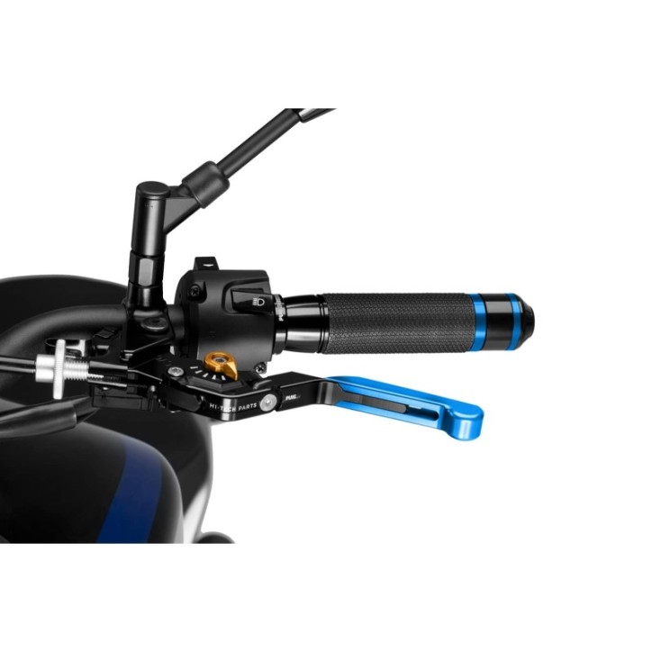 PUIG EXTENDABLE AND FOLDING CLUTCH LEVER 3.0 WITH BLACK CENTRAL BODY, BLUE EXTENSION AND GOLD SELECTOR