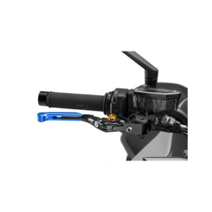 Levier de frein Puig 4.0 extensible et pliable avec corps central noir, extension bleue et selecteur dore