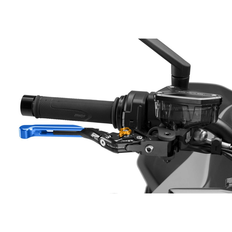 Puig 4.0 brake lever extendable and foldable with black central body, blue extension and gold selector