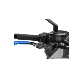 Levier de frein Puig 4.0 extensible et pliable avec corps central noir, extension bleue et selecteur en titane