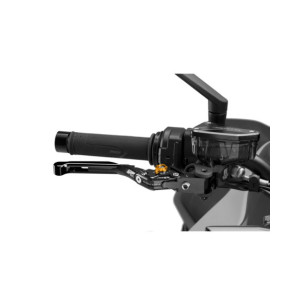 Levier de frein Puig 4.0 extensible et pliable avec corps central noir, extension noire et selecteur dore