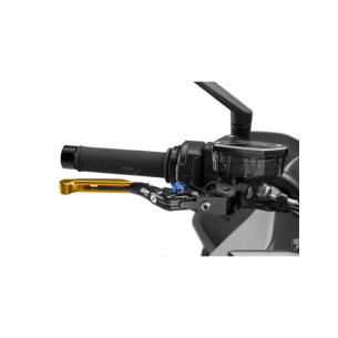 Levier de frein Puig 4.0 extensible et pliable avec corps central noir, extension doree et selecteur bleu