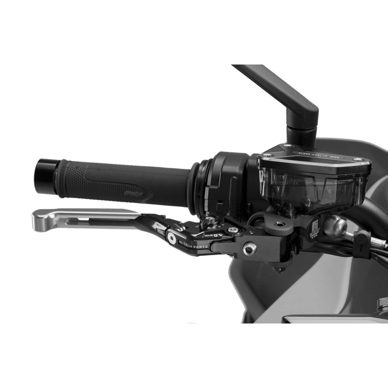 Levier de frein Puig 4.0 extensible et pliable avec corps central noir, extension argentee et selecteur noir