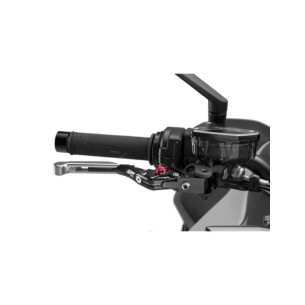 Levier de frein Puig 4.0 extensible et pliable avec corps central noir, extension argentee et selecteur rouge