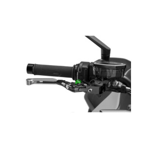 Puig 4.0 brake lever extendable and foldable with black central body, silver extension and green selector