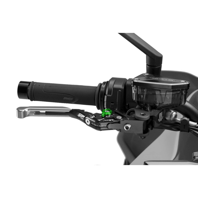 Levier de frein Puig 4.0 extensible et pliable avec corps central noir, extension argentee et selecteur vert