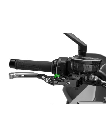 Levier de frein Puig 4.0 extensible et pliable avec corps central noir, extension argentee et selecteur vert