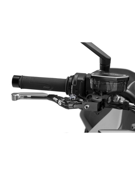 Levier de frein Puig 4.0 extensible et pliable avec corps central noir, extension argentee et selecteur en titane