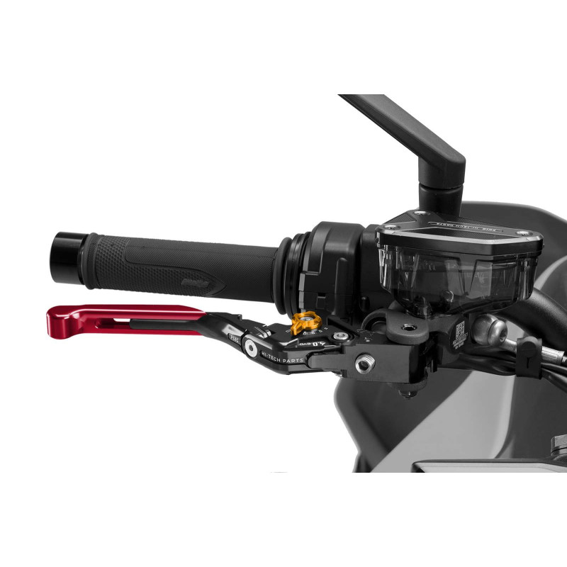Puig 4.0 brake lever extendable and foldable with black central body, red extension and gold selector