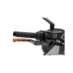 Puig 4.0 brake lever extendable and foldable with black central body, orange extension and green selector