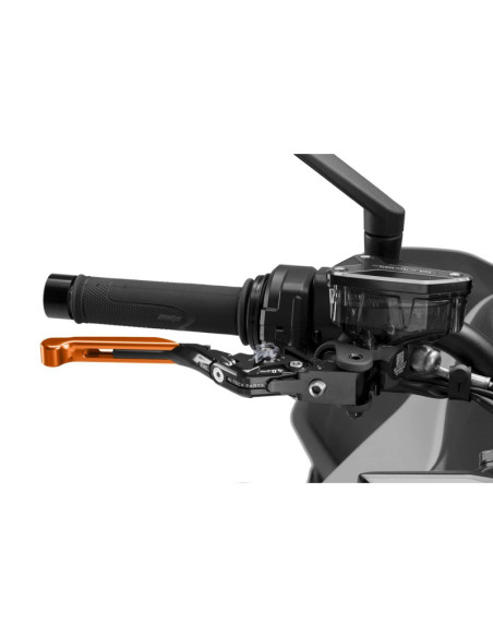 Puig 4.0 brake lever extendable and foldable with black central body, orange extension and titanium selector