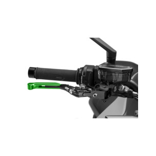 Puig 4.0 brake lever extendable and foldable with black central body, green extension and silver selector