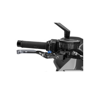 Puig 4.0 brake lever extendable and foldable with black central body, titanium extension and blue selector
