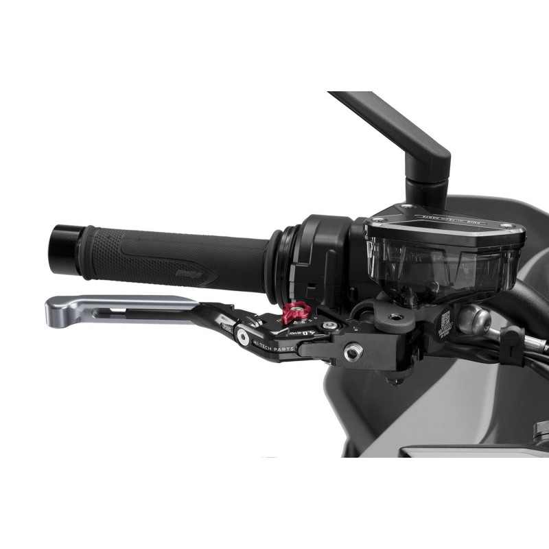 Puig 4.0 brake lever extendable and foldable with black central body, titanium extension and red selector