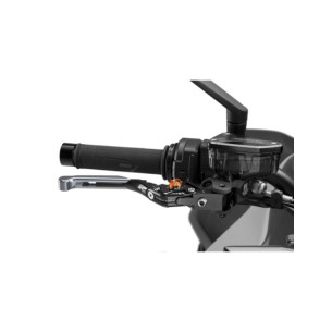 Puig 4.0 brake lever extendable and foldable with black central body, titanium extension and orange selector