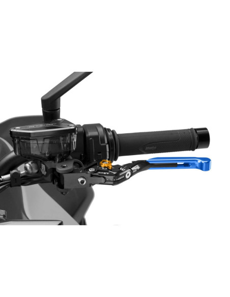 Puig 4.0 clutch lever extendable and foldable with black central body, blue extension and gold selector