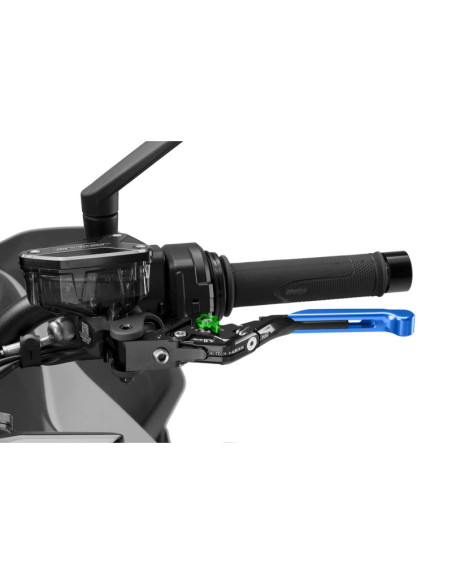 Maneta de embrague Puig 4.0 extensible y abatible con cuerpo central negro, extension azul y selector verde