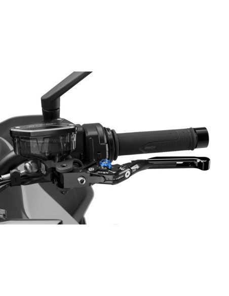 Levier d'embrayage Puig 4.0 extensible et pliable avec corps central noir, extension noire et selecteur bleu
