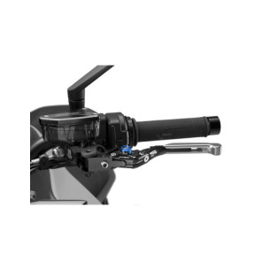 Levier d'embrayage Puig 4.0 extensible et pliable avec corps central noir, extension argentee et selecteur bleu