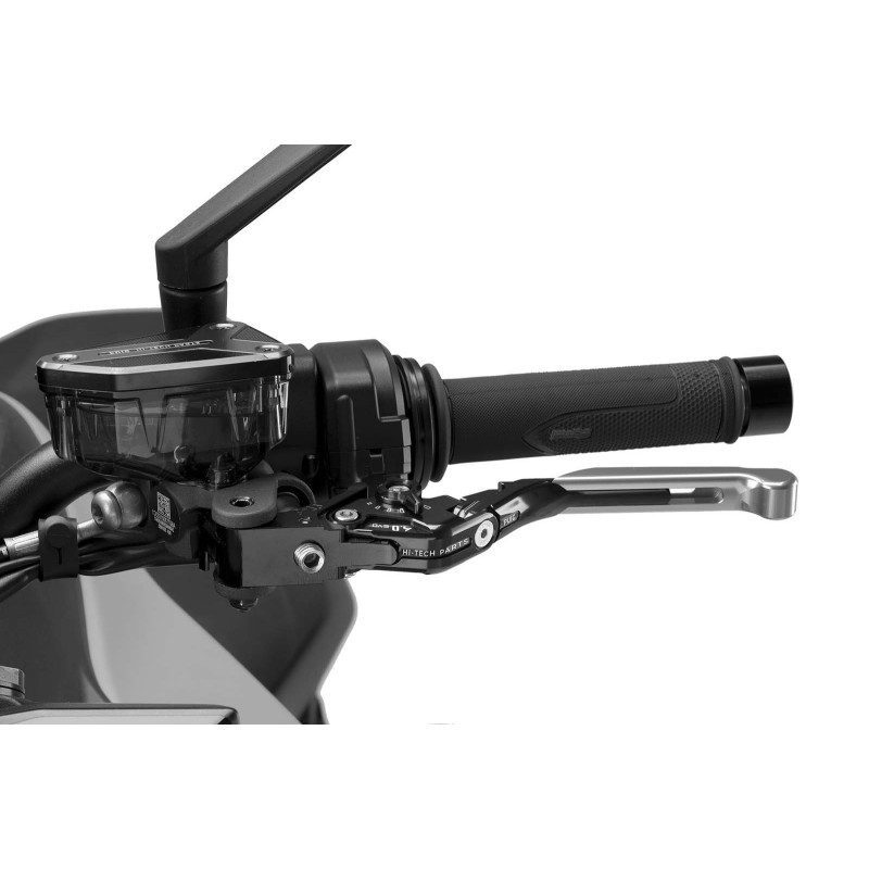 Levier d'embrayage Puig 4.0 extensible et pliable avec corps central noir, extension argentee et selecteur noir