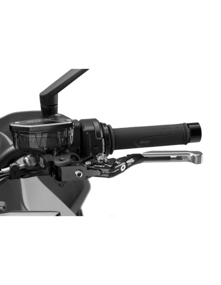 Maneta de embrague Puig 4.0 extensible y abatible con cuerpo central negro, extension plata y selector plata