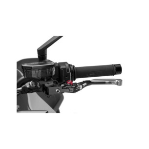 Levier d'embrayage Puig 4.0 extensible et pliable avec corps central noir, extension argentee et selecteur rouge