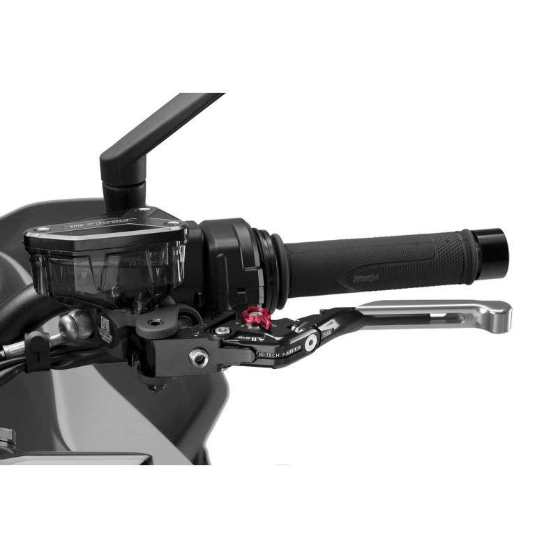 Levier d'embrayage Puig 4.0 extensible et pliable avec corps central noir, extension argentee et selecteur rouge