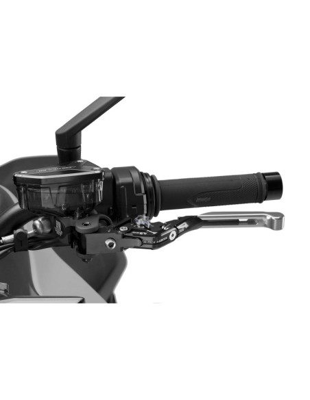 Puig 4.0 clutch lever extendable and foldable with black central body, silver extension and titanium selector
