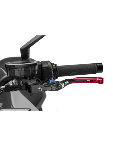 Levier d'embrayage Puig 4.0 extensible et pliable avec corps central noir, extension rouge et selecteur bleu