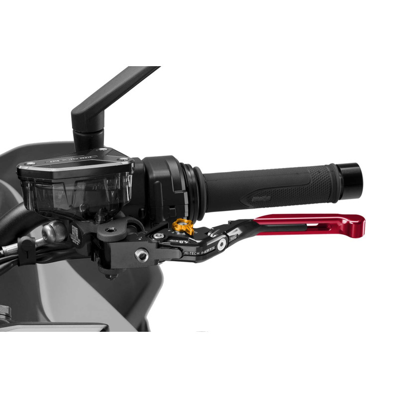 Levier d'embrayage extensible et pliable Puig 4.0 avec corps central noir, extension rouge et selecteur dore