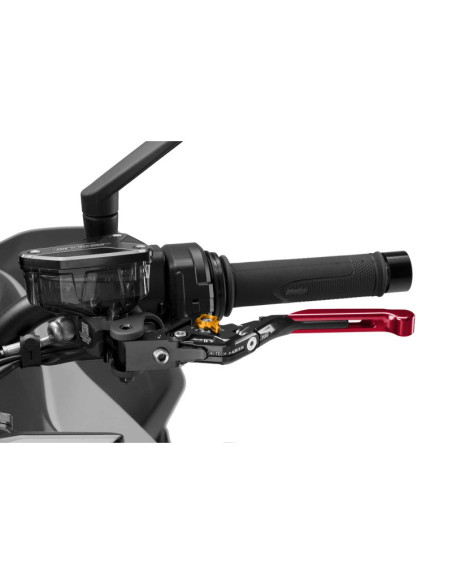 Levier d'embrayage extensible et pliable Puig 4.0 avec corps central noir, extension rouge et selecteur dore