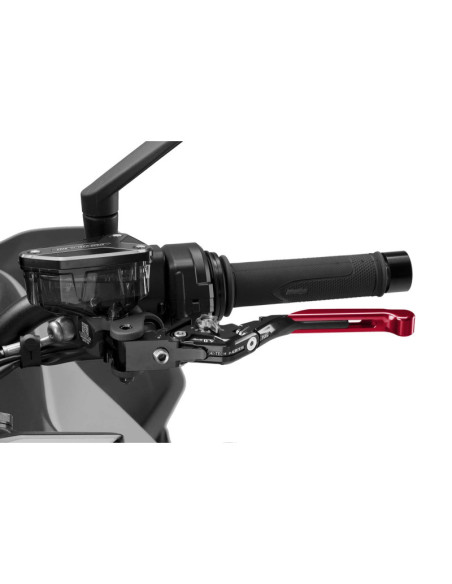 Maneta de embrague Puig 4.0 extensible y abatible con cuerpo central negro, extension roja y selector plata