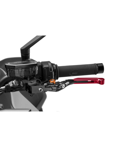 Levier d'embrayage Puig 4.0 extensible et pliable avec corps central noir, extension rouge et selecteur orange