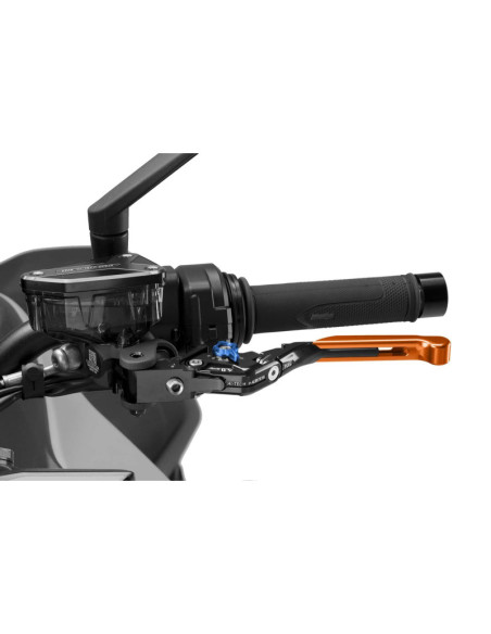 Maneta de embrague Puig 4.0 extensible y abatible con cuerpo central negro, extension naranja y selector azul