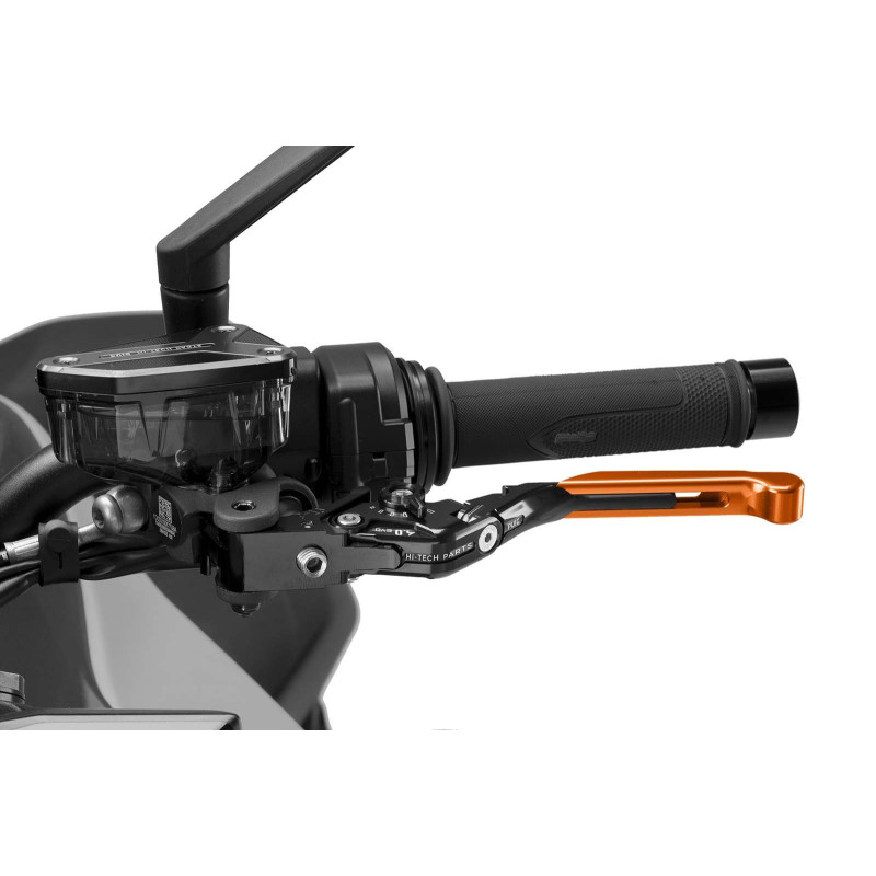 Levier d'embrayage Puig 4.0 extensible et pliable avec corps central noir, extension orange et selecteur noir