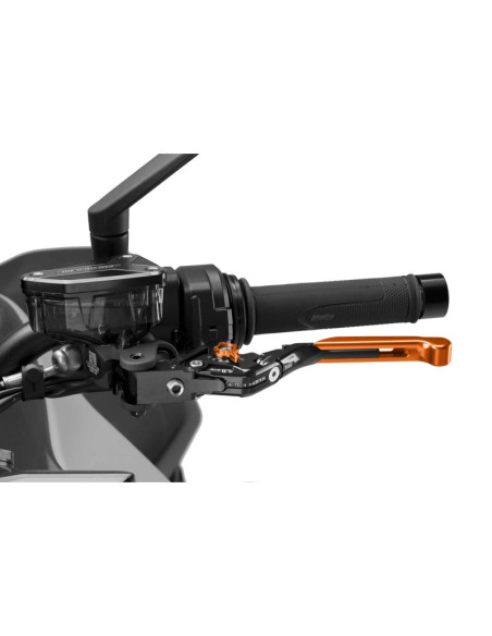 Maneta de embrague Puig 4.0 extensible y abatible con cuerpo central negro, extension naranja y selector naranja