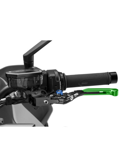 Puig 4.0 clutch lever extendable and foldable with black central body, green extension and blue selector