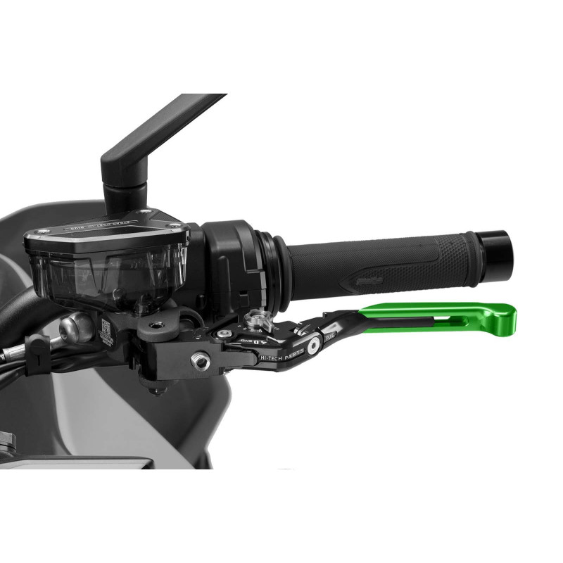 Maneta de embrague Puig 4.0 extensible y abatible con cuerpo central negro, extension verde y selector plata