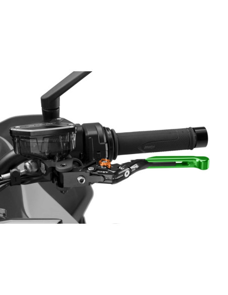 Maneta de embrague Puig 4.0 extensible y abatible con cuerpo central negro, extension verde y selector naranja