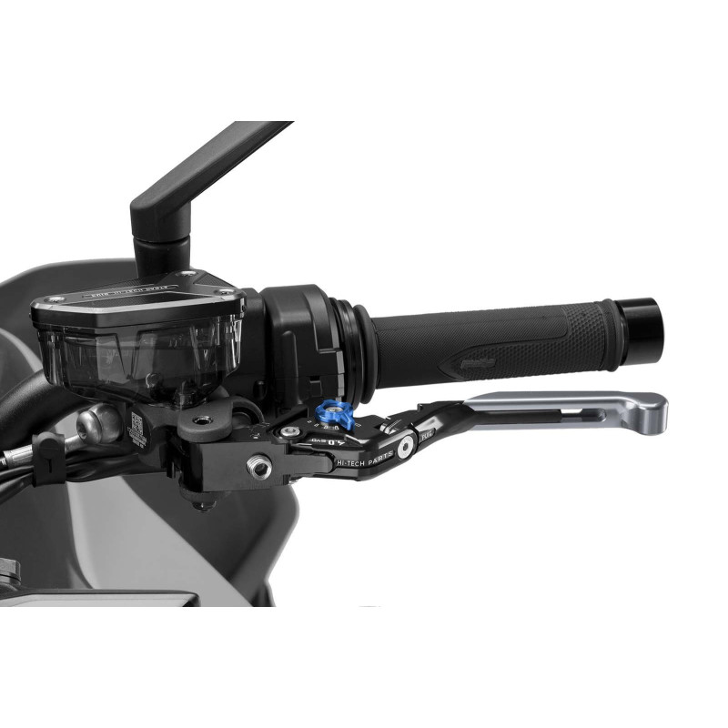 Puig 4.0 clutch lever extendable and foldable with black central body, titanium extension and blue selector