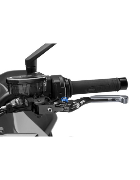 Puig 4.0 clutch lever extendable and foldable with black central body, titanium extension and blue selector