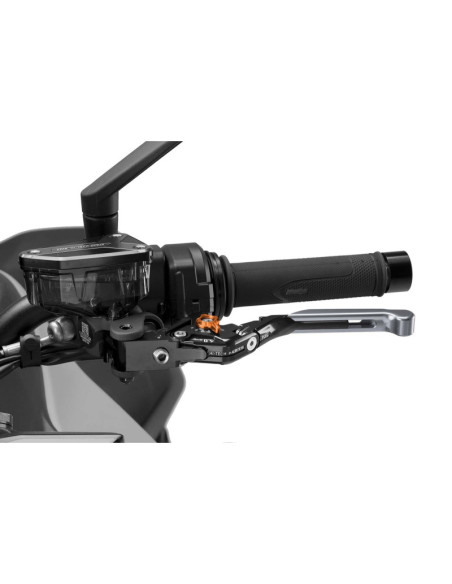 Puig 4.0 clutch lever extendable and foldable with black central body, titanium extension and orange selector